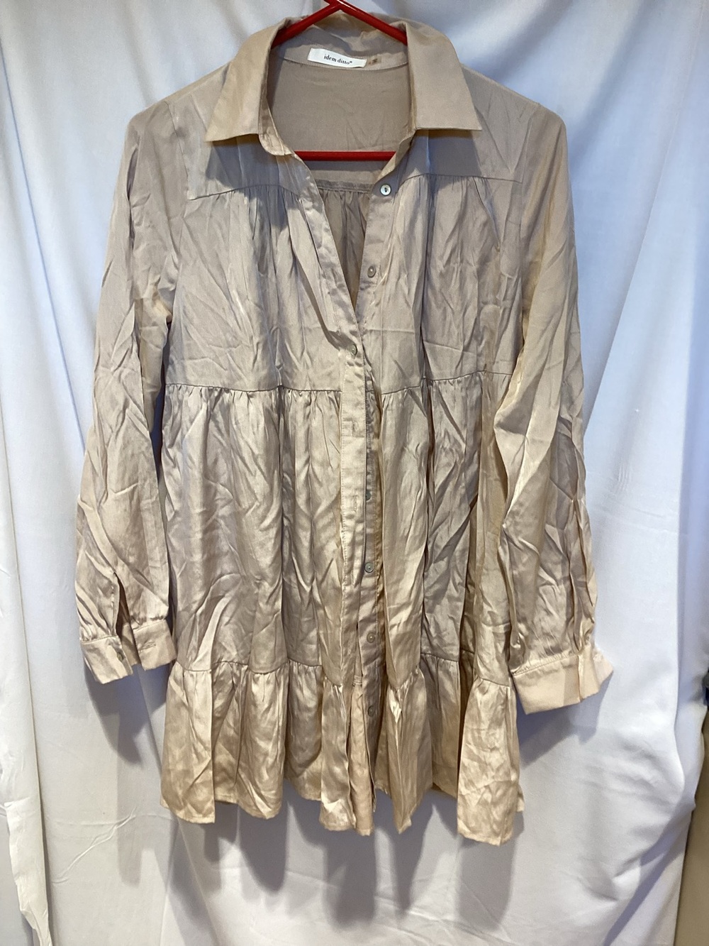 Satin-Look Tiered Button-Up Tunic in Light Beige